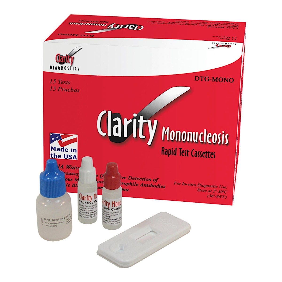 Clarity Mononucleosis Test Cassettes, CLIA Waved, 15/BX