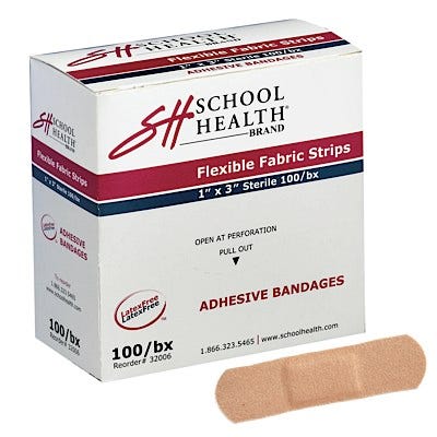 School Health Adhesive Bandages, Flexible Fabric, 1" X 3"  100/Box