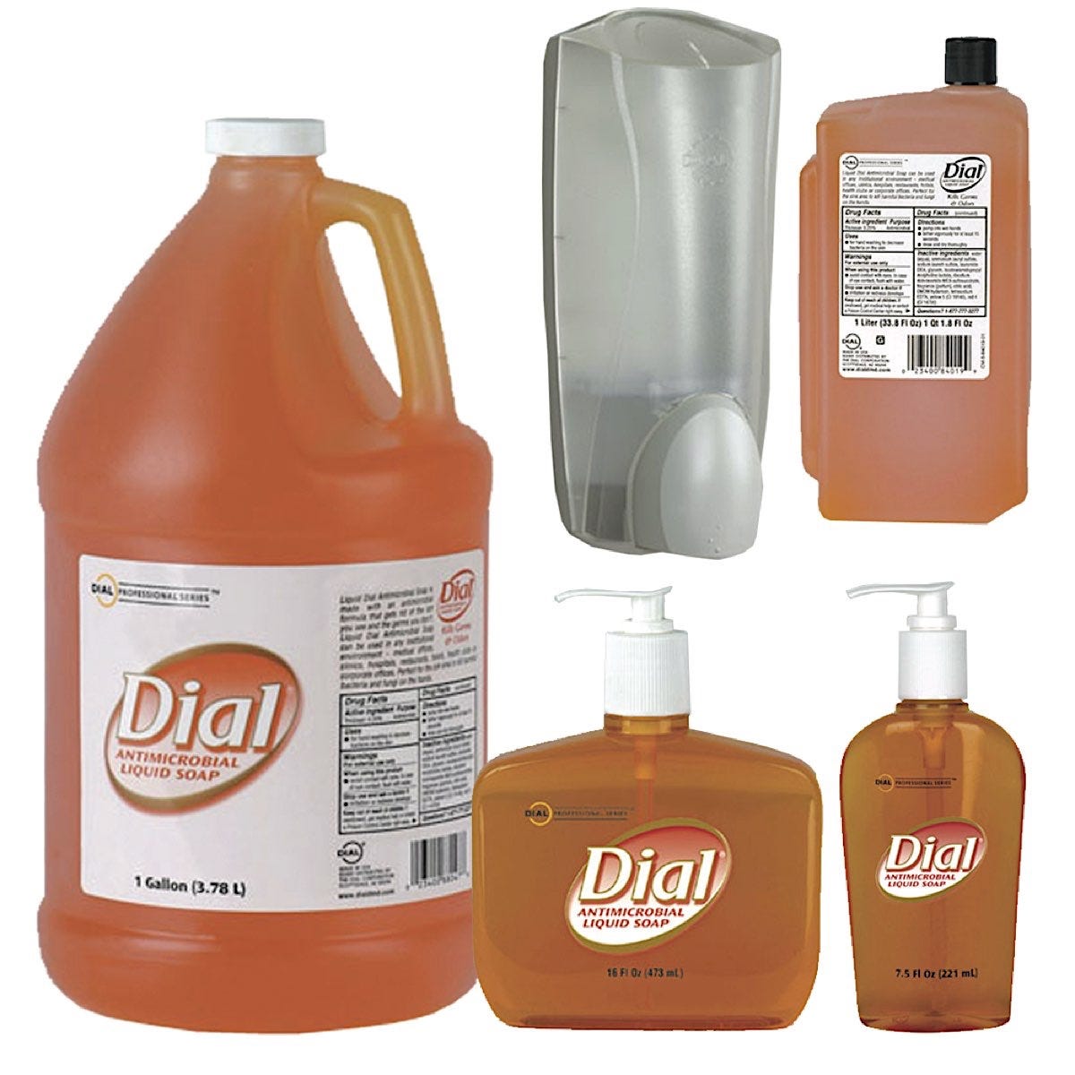 Liquid Dial Gold Antimicrobial Soaps and Dispenser