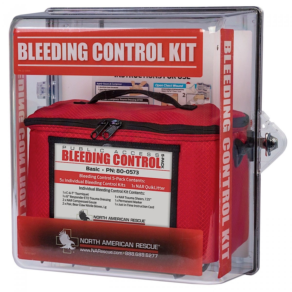 North American Rescue Public Access Bleeding Control Station, Clear Wall Cabinet, Advanced BCD, 5/Pack
