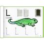 Close view of my first school book for pre-k students showing an open page to the letter "L" for Lizard, two line boxes to assist developing  pre-writing skills. Below displays a lizard colored with a green crayon, and practice space for writing. thumbnail