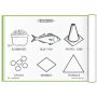 An open page within the my first school book for pre-k students of a coloring sheet displaying blueberries, a fish, traffic cone, circles, a rhombus, and triangle. thumbnail