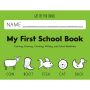 Close view of my first school book for pre-k students with a green cover for multisensory readiness activities like coloring, drawing, counting, and writing.  thumbnail