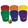 Six large buckets in colors red; orange; yellow; green; blue; purple. One ball with blue and yellow soccer-style panels. thumbnail