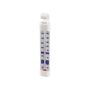angle view of a white refrigerator freezer thermometer that can be hung or mounted with blue easy to read numbers in fahrenheit and centigrade. the red liquid in side the thermometer is non toxic. thumbnail