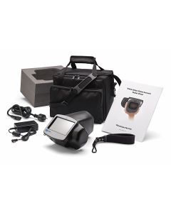 Package includes black 2-part power cord, Grey faced black Spot Vision Screener, black wrist strap, Manual, Black carry case with handle and grey foam structure inside of case.