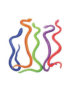 Five Stretchy Snake toys shown in different colors; blue; green; orange; purple and red.