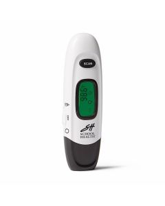 Front view of School Health portable infrared temperature thermometer no touch; medical thermometer featuring a digital temperature window; a black scan button and an on/off button 