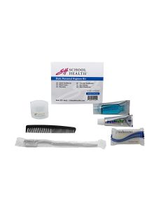 Clear reclosable bag; image shows content of kit; 1 toothbrush; 1; tube of toothpaste; shampoo; bar of soap; deodorant and comb