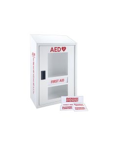 A white wall-mounted cabinet labeled "AED" with a heart and lightning bolt symbol. The cabinet has a transparent front door with the words "FIRST AID" written on it. The side of the cabinet also has the words "AED" and "EMERGENCY" in red text.
