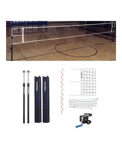 A complete Porter volleyball net system displayed in two sections. The top half shows the assembled volleyball net set up in a gymnasium with a polished wooden floor, court lines, and overhead lighting. 