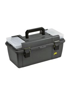A black 20” plastic toolbox with a top handle. The toolbox has two metal latches in the front and a small yellow logo on the bottom right corner. The lid of the toolbox is transparent; revealing compartments inside