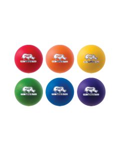Set of six 6-inch foam balls in red; orange; yellow; green; blue; and purple; each labeled with the Rhino Skin Softi logo and size marking.