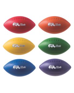 Set of six foam footballs in red; orange; yellow; green; blue; and purple; each with Rhino Skin and Champion Sports logos.