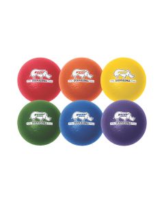 Set of six 6-inch Rhino Skin dodgeballs in assorted colors—red; orange; yellow; green; blue; and purple—each ball featuring a Rhino Skin Dodgeball logo.