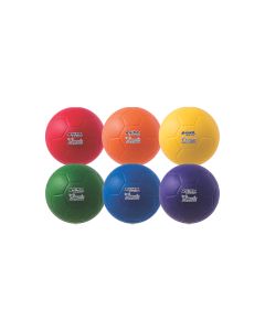 Set of six Rhino Skin foam soccer balls in assorted colors—red; orange; yellow; green; blue; and purple—with textured panels and logos.