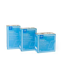 Three boxes of Medline sterile extra absorbent abdominal pads in different sizes. The boxes are blue with white text and include dimensions: 8 x 10 in (18 count); 7.5 x 8 in (20 count); and 5 x 9 in (25 count).