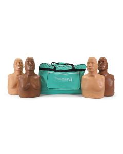 SKU 1048681 Front view of WorldPoint CPR Tommi Diversity Pack Manikins; 4 pack with 4 torso manikins and teal color carry bag