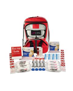 Red & grey backpack with School Health logo on black patch. First aid supplies laid out in front of backpack.