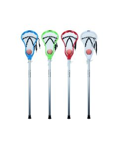 Set of four STX mini lacrosse sticks in blue; green; red; and white; each with a white net and orange ball; shown standing upright side by side.