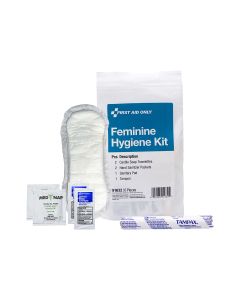White sealed bag is shown with contents. 1 open sanitary pad; 1; tampon; Castile Soap Towelette and Hand Sanitizer packet