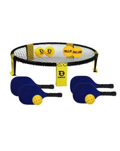Game set with a Spikeball net; four yellow balls; four blue pickleball paddles; and two perforated yellow plastic balls.