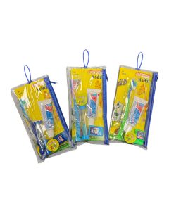 Display of 3 Ora-Zen Pediatric Dental Kit ( toothbrush(1); toothpaste(1); and other dental hygiene items in bright yellow packaging