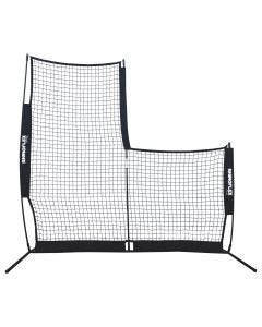 Black asymmetrical portable net system with a taller left side and shorter right side.