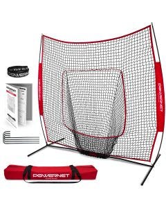 Red PowerNet hitting net with strike zone target; setup instructions; metal ground stakes; wristband; and carrying case.