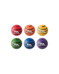 Six foam balls in red; orange; yellow; green; blue; and purple with black swirl stripes and a white Rhino Swirl Playball logo on each