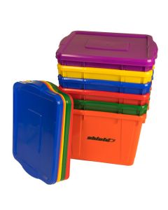 Stack of six colorful Shield-branded storage bins with lids; shown in purple; yellow; blue; red; green; and orange.