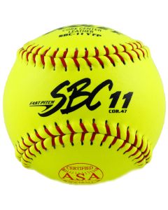 Yellow fast pitch softball with red stitching; labeled SBC 11 COR.47; ASA certified
