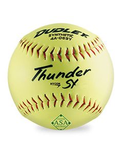 Yellow Dudley Thunder SY synthetic softball with red stitching and ASA certification stamp.