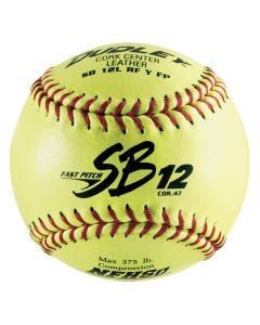 Dudley SB12 fast pitch yellow leather softball with red stitching, cork center, COR.47, and NFHS stamp.