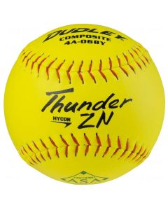 Dudley Thunder ZN Hycon composite softball in optic yellow with red stitching; ASA certified.