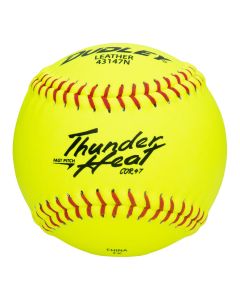 Dudley Thunder Heat leather fast pitch softball with optic yellow cover; red stitching; and COR .47 marking.Dudley Thunder Heat leather fast pitch softball with optic yellow cover; red stitching; and COR .47 marking.