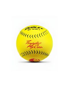 Dudley Thunder HyCon WC 12 HCY softball featuring an optic yellow cover; red Thunder HyCon logo; and black arrow-style stitching.