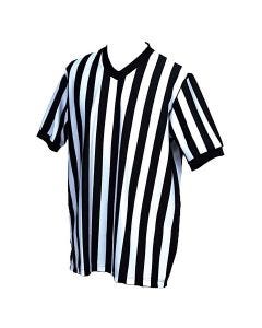 A black and white striped referee shirt with short sleeves and a V-neck collar. The shirt features bold vertical stripes and is displayed on a white background.