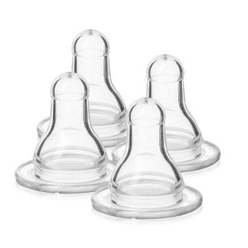 Image of four evenflo vented+ Medium Flow Nipples. Transparent on a white background.