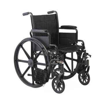 Black, lightweight manual wheelchair with large rear wheels and small front casters, designed for mobility and support.