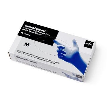 High angle of box of size medium SensiCare Extended Cuff Powder-Free Nitrile Exam Gloves with 50 per Box