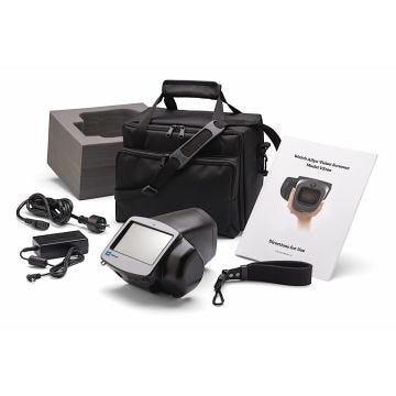 Package includes black 2-part power cord, Grey faced black Spot Vision Screener, black wrist strap, Manual, Black carry case with handle and grey foam structure inside of case.