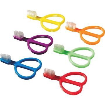 Front view of 6 assorted colors (Blue, Purple, Yellow, Red, Green and Orange) Infant Toothbrushes