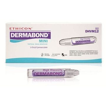 front view of the high viscosity Ethicon dermabond mini topical skin adhesive with the dermabond tube displayed in front of the box. 2-Octyl Cyanoacrylate, Ref: DHVM12