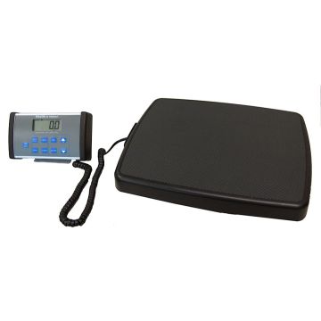 Silver Health-o-meter display with measurement display and blue buttons attached to black scale.