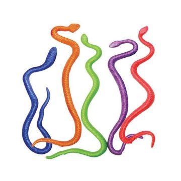 Five Stretchy Snake toys shown in different colors; blue; green; orange; purple and red.