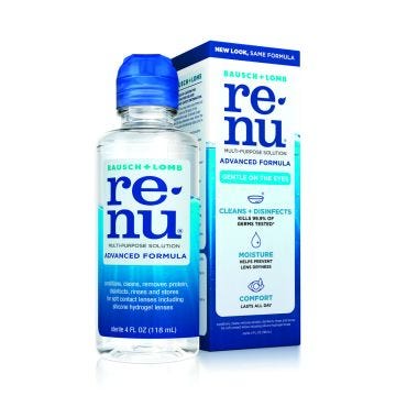 Front view of 4 ounce bottle of Bausch & Lomb Renu Contact Lens Solution in front of box