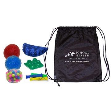 The school health squishy set is a tool used for sensory seeking tactile needs. The set includes 6 small components and a black drawstring bag for easy storage and portability. 