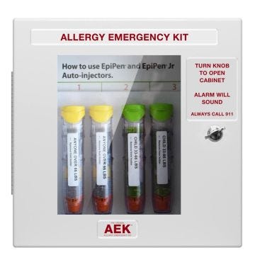 White epinephrine cabinet with glass door holding four epinephrine injectors