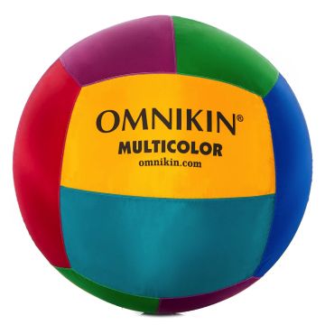 A multicolored ball with OMNIKIN MULTICOLOR written in black lettering across it.